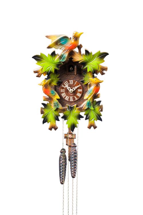 Reloj de cuco en madera tallada y pintada con decoración de