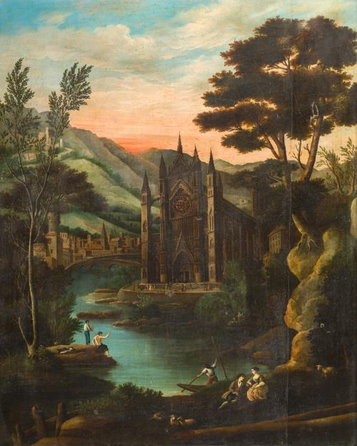 ESCUELA FRANCESA. Siglo XIX, Paisaje con una ciudad con la 
