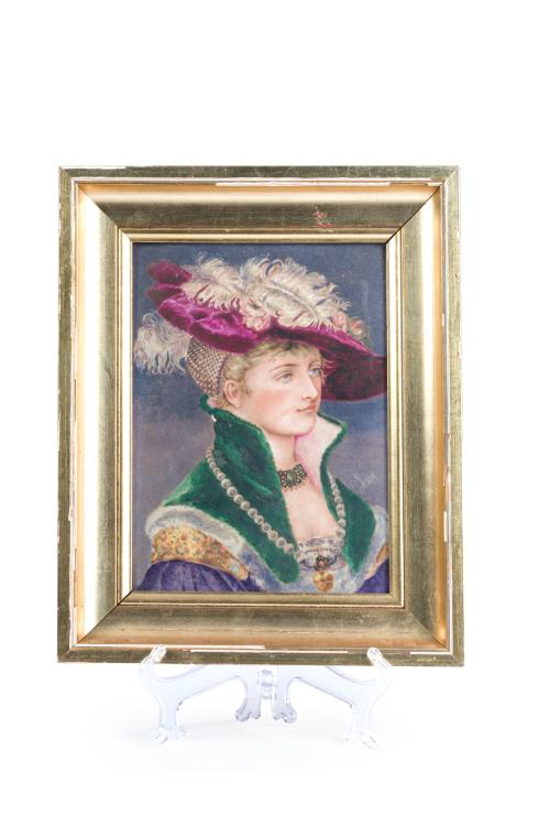Placa en porcelana esmaltada con retrato de dama alemana. 