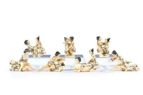 Colección formado por 7 netsuke en hueso grabado, tallado y