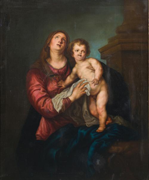 ESCUELA ESPAÑOLA. Siglo XIX, Virgen con Niño, Óleo sobre li