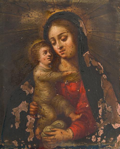 ESCUELA SEVILLANA. Siglo XVI, Virgen con Niño, Óleo sobre c