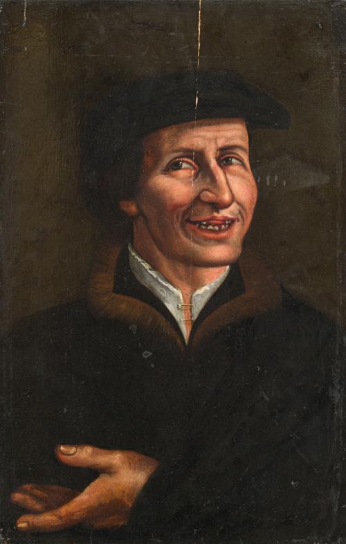 727   -  <p><span class="object_author">SEGUIDOR DE JACOB CORNELISZ  (Oostzaan, c. 1465/1470- Ámsterdam, 1528/1533). Siglo XVI  - Retrato de hombre sonriendo</span></p>
