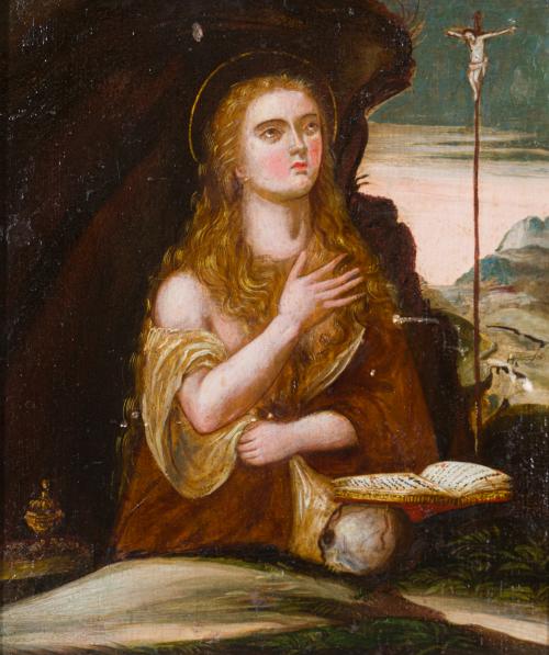 736   -  <p><span class="object_author">ESCUELA VENETO CRETENSE  (Madonnaro). Segunda mitad del siglo XVI - Santa María Magadalena penitente</span></p>