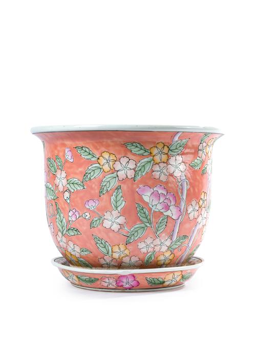 Pecera con plato en porcelana oriental esmaltada y vidriada