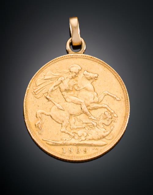 COLGANTE CON MONEDA DE ORO DEL REY EDUARDO VII, 1909