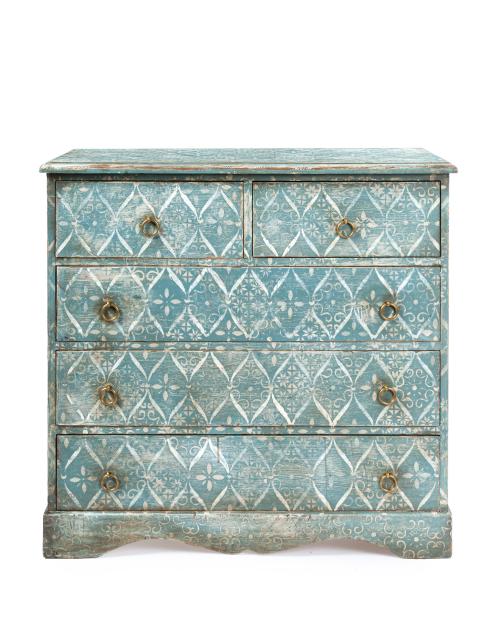 186   -  <p><span class="object_title">Cómoda vintage pintada en color verde agua, con tres registros de cajones, siendo el superior doble. Decoración estampada de motivos florales y geométricos esquematizados</span><br></p>