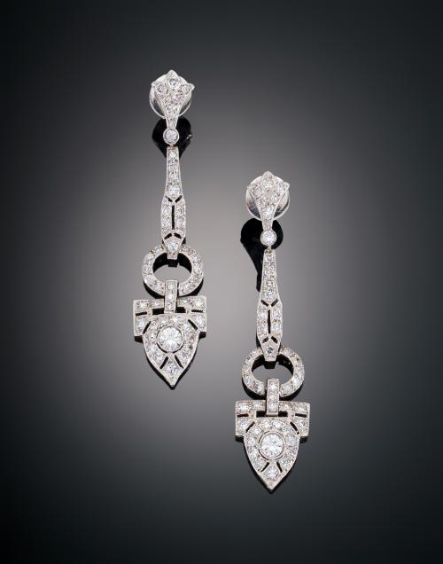 PENDIENTES LARGOS GEOMÉTRICOS ART DECÓ CON DIAMANTES EN PLA