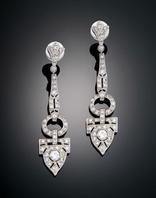 PENDIENTES LARGOS GEOMÉTRICOS ART DECÓ CON DIAMANTES EN PLA