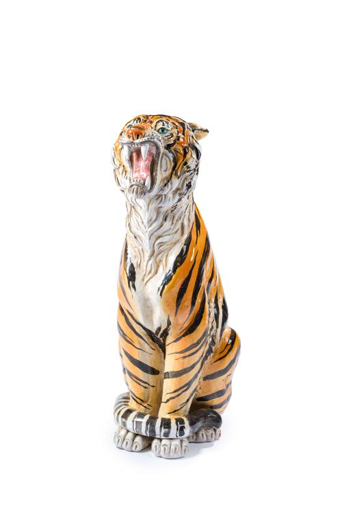 Escultura de tigre en ceramica esmaltada y vidriada, Italia