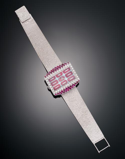 RELOJ ESKA RECTANGULAR CON PIEDRAS DE COLOR EN ORO BLANCO D
