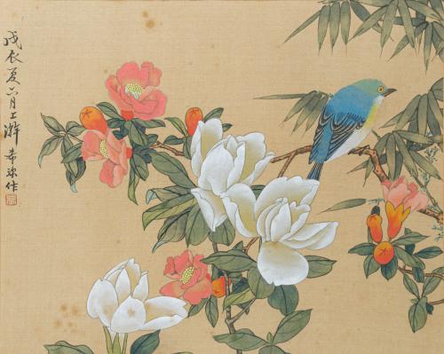 ESCUELA CHINA, S. XX."Ave en rama"En seda pintada. Firm