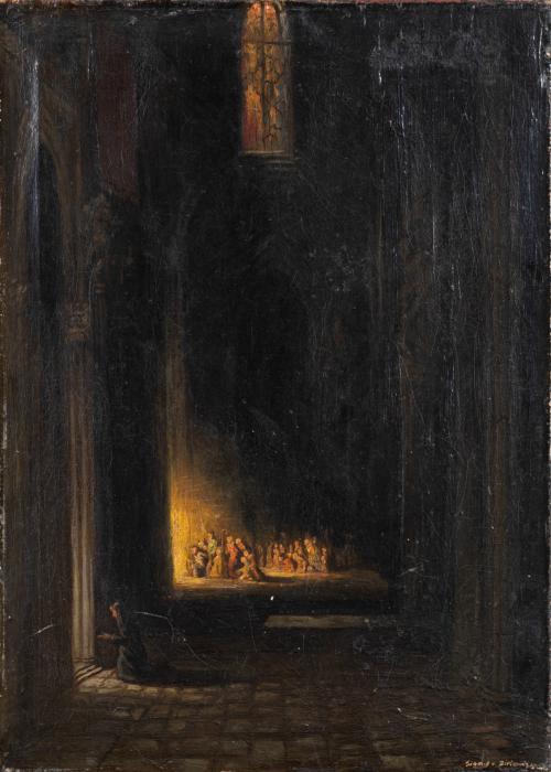 363   -  <p><span class="object_author">ESCUELA EUROPEA (S.XIX) - Interior de iglesia. Adoración al Santisimo. </span></p>