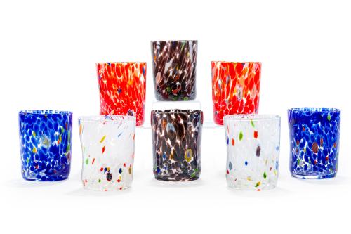 Juego de 8 vasos altos en vidrio soplado de Murano multicol