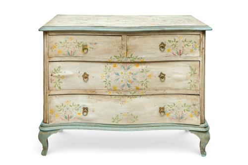 953   -  <p><span class="object_title">Cómoda vintage pintada con decoración estampada de motivos florales sobre fondo beige y perfiles en verde agua.<br/>Con tres registros de cajones siendo el superior doble. Interiores entelados. </span><br></p>