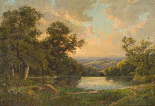 ESCUELA INGLESA. Siglo XIX, Paisaje con río , Óleo sobre li