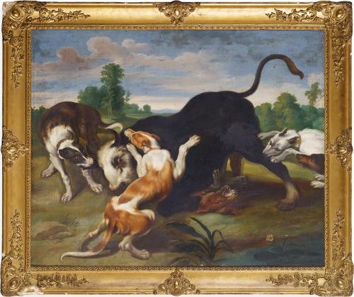ESCUELA ESPAÑOLA. Siglo XIX, Toro rendido por perros y Jaba
