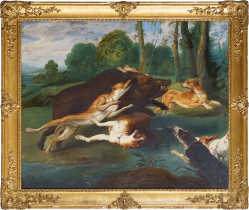 ESCUELA ESPAÑOLA. Siglo XIX, Toro rendido por perros y Jaba
