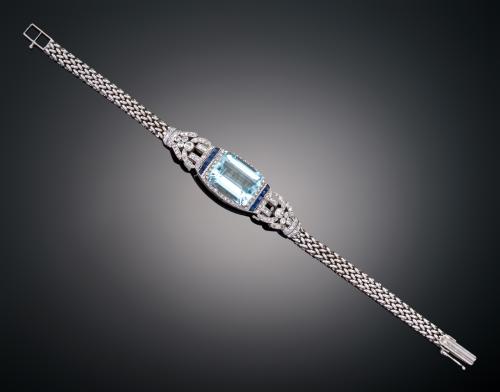 PULSERA DE ESLABONES ESTILO ART DECÓ CON AGUAMARINA, DIAMAN