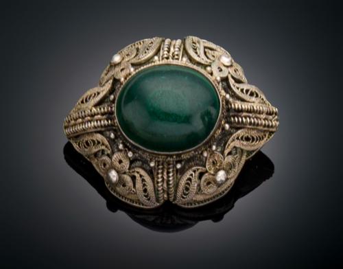 BROCHE ANTIGUO PLATA CON FILIGRANA Y MALAQUITA CENTRAL