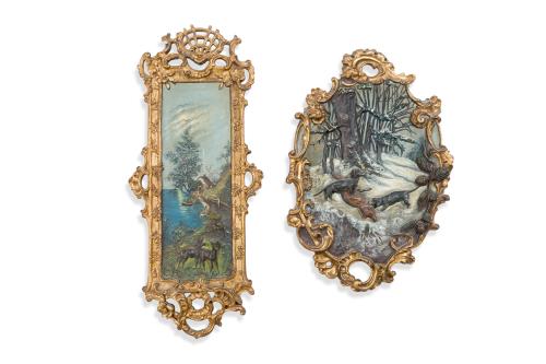 Pareja de decorativas placas en cerámica esmaltada represen