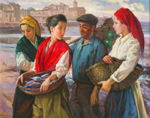 JUAN SOLER (Madrid, 1940), Mariscadoras, Óleo sobre lienzo 