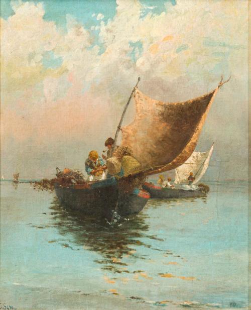 ESCUELA VALENCIANA. 1897, Pescadores faenando, Óleo sobre l