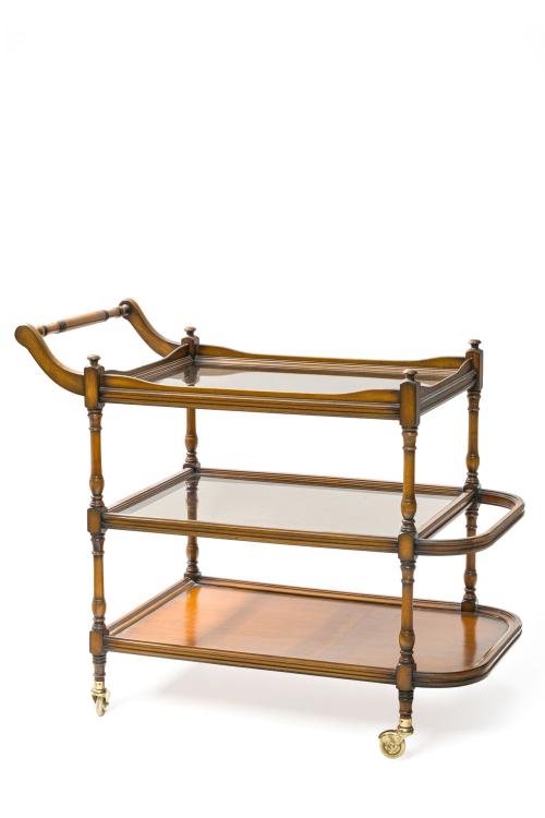 Carrito camarera en madera torneadas, tres baldas, apoya so