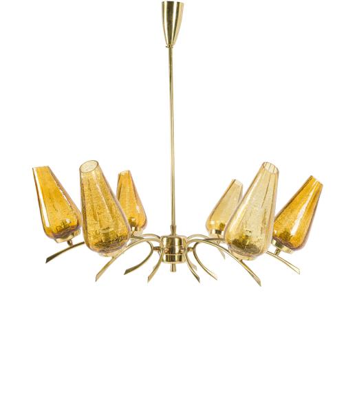 Lámpara de techo de 6 luces Mid-Century en metal dorado con