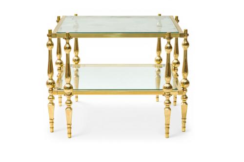 Mesa auxiliar cuadrada en latón dorado y cristal de doble a