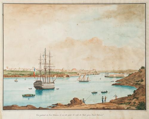 ESCUELA FRANCESA S.XX, Vista del puerto de Mahón, Grabado c