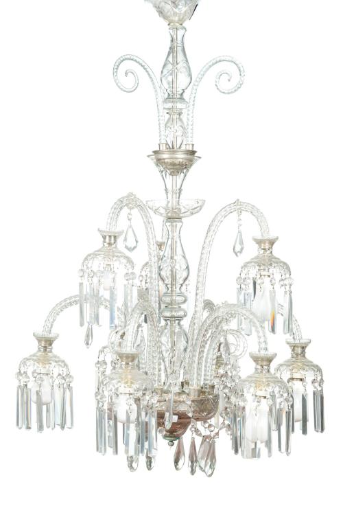 227   -  <p><span class="object_title">Lámpara de techo en cristal de La Granja con brazos 9 brazos de luz en casacada dispuestos en dos alturas, vástago abalaustrado y tallado, cazoleta tallada, prismas facetados y gotas colgantes.</span><br></p>