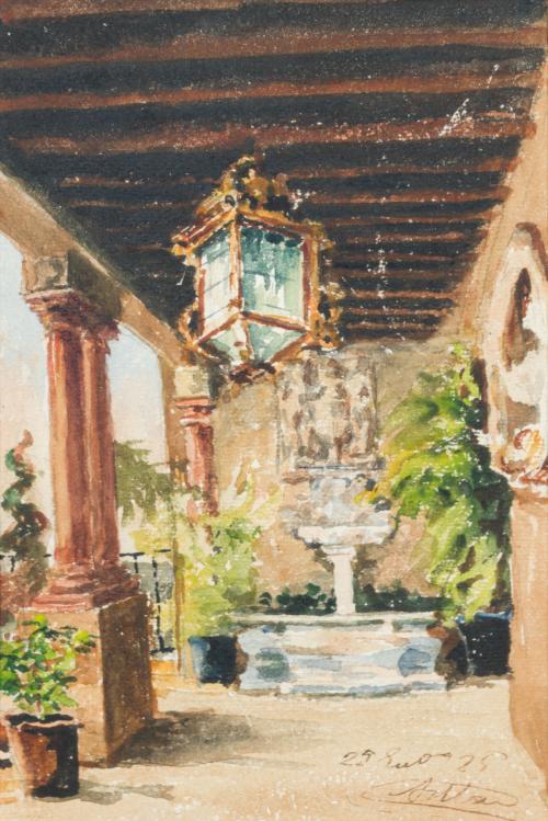 ESCUELA ITALIANA. 1924, Interior de un atrio con  jardín, A