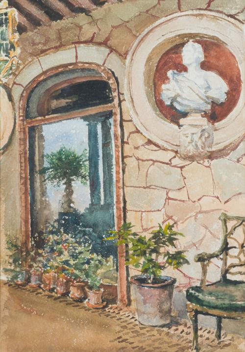 ESCUELA ESPAÑOLA. Siglo XX, Interior de atrio con espejo y 