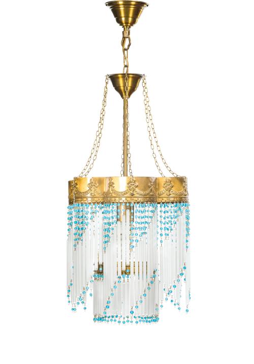 306   -  <p><span class="object_title">Lámpara de techo para dormitorio en metal dorado y calado con decoración de cristales tubulares incoloros y esferas en azul turquesa.  </span><br></p>