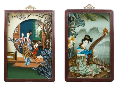 ESCUELA CHINA, FF. S. XIX"Dama y niño en el pabellón del 