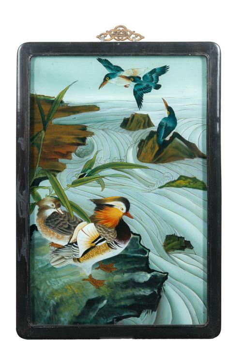 9   -  <p><span class="object_author">ESCUELA CHINA FF. Siglo XIX - "Patos mandarines" <br/>Pintura china bajo cristal. </span></p>