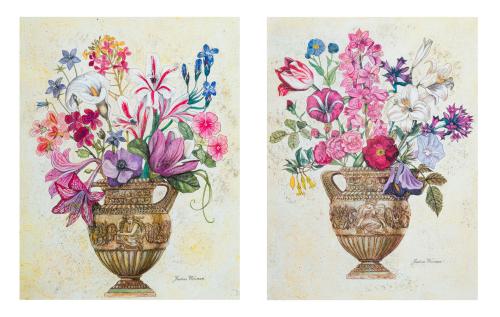 JUSTINE WENMAN. Siglo XX, Pareja de floreros con vasos roma