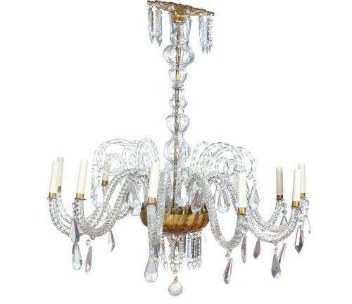 244   -  <p><span class="object_title">Lámpara de techo de la Granja con diez brazos de luz en cristal tallado con cazoleta en cristal azogado dorado. Brazos soguedos, pandelocas y prismas facetados. Remate de esfera colgante y vástago abalaustrado.</span><br></p>