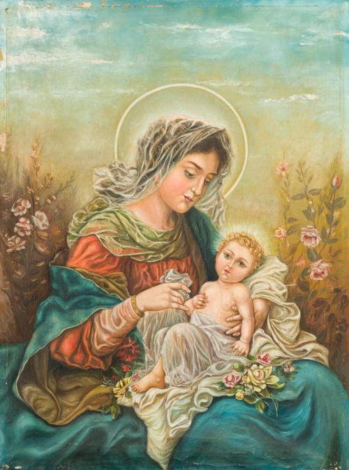 ESCUELA ESPAÑOLA, 1953, La Virgen con el Niño, Óleo sobre l