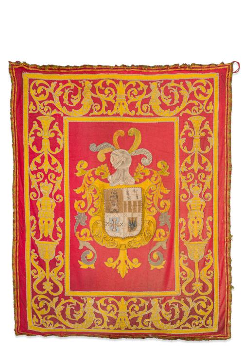108   -  <p><span class="object_title">Repostero heráldico siguiendo modelos barrocos, s. XX<br/>Tejido en lana y seda, y con hilos de oro. Campo central rectangular en color carmesí sobre el que se dispones escudo de armas timbrado por corona y sostenido por roleos vegetales.</span><br></p>