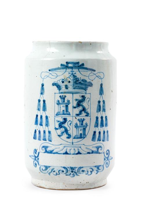 Gran albarelo o tarro de farmacia, Talavera, s. XVIII. En